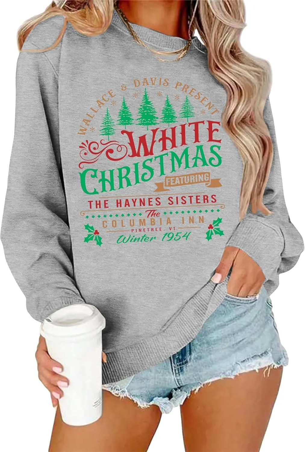 LAZYCHILD White Christmas Sweatshirt for Woman: Christmas Movie 1954 Shirts Xmas Tree Holiday Long Sleeves Pullover