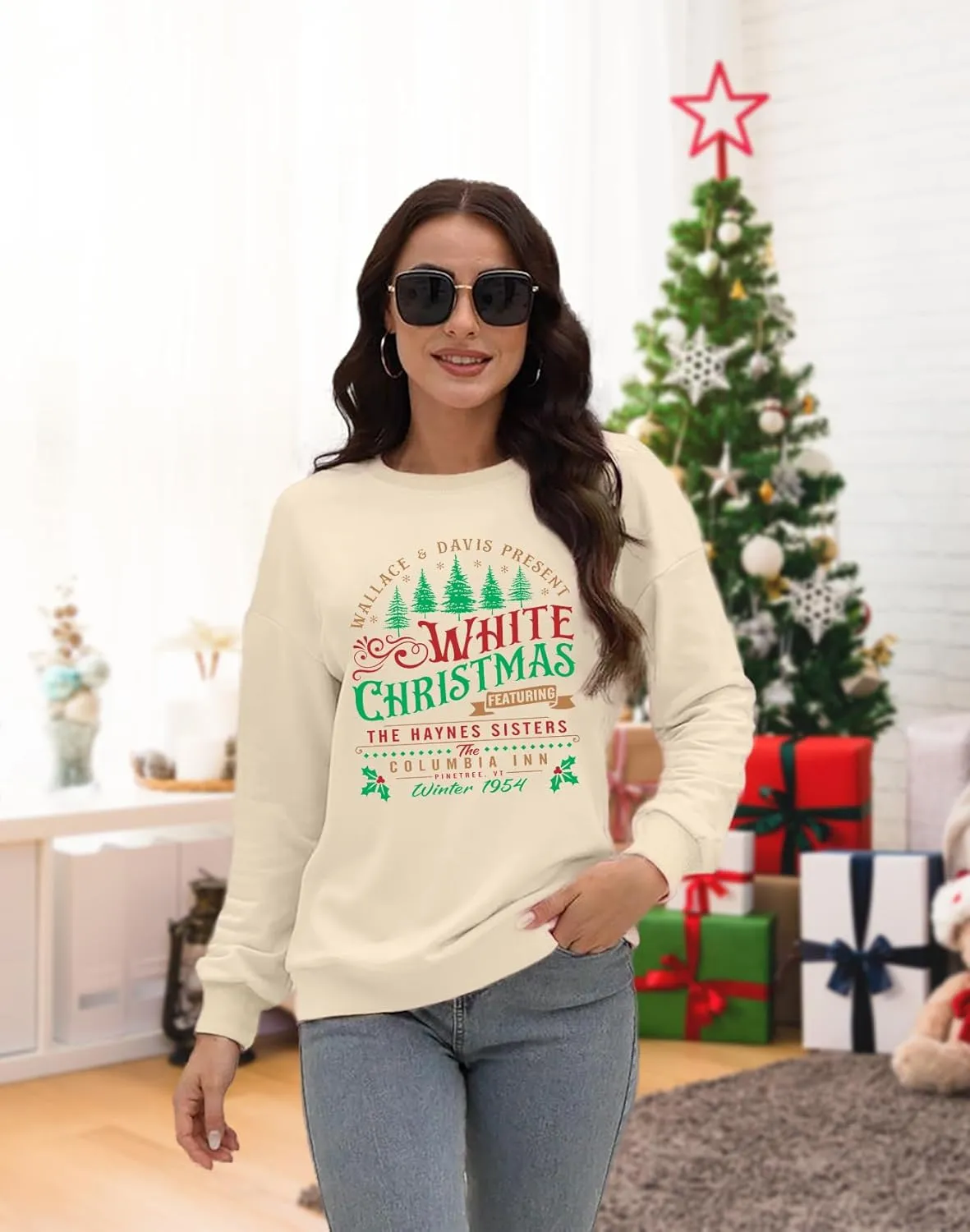 LAZYCHILD White Christmas Sweatshirt for Woman: Christmas Movie 1954 Shirts Xmas Tree Holiday Long Sleeves Pullover