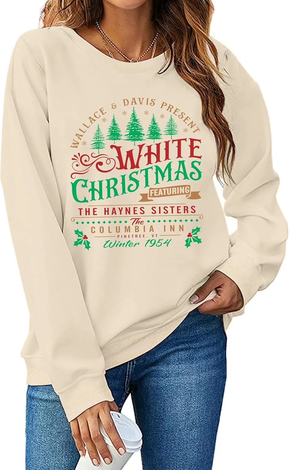 LAZYCHILD White Christmas Sweatshirt for Woman: Christmas Movie 1954 Shirts Xmas Tree Holiday Long Sleeves Pullover
