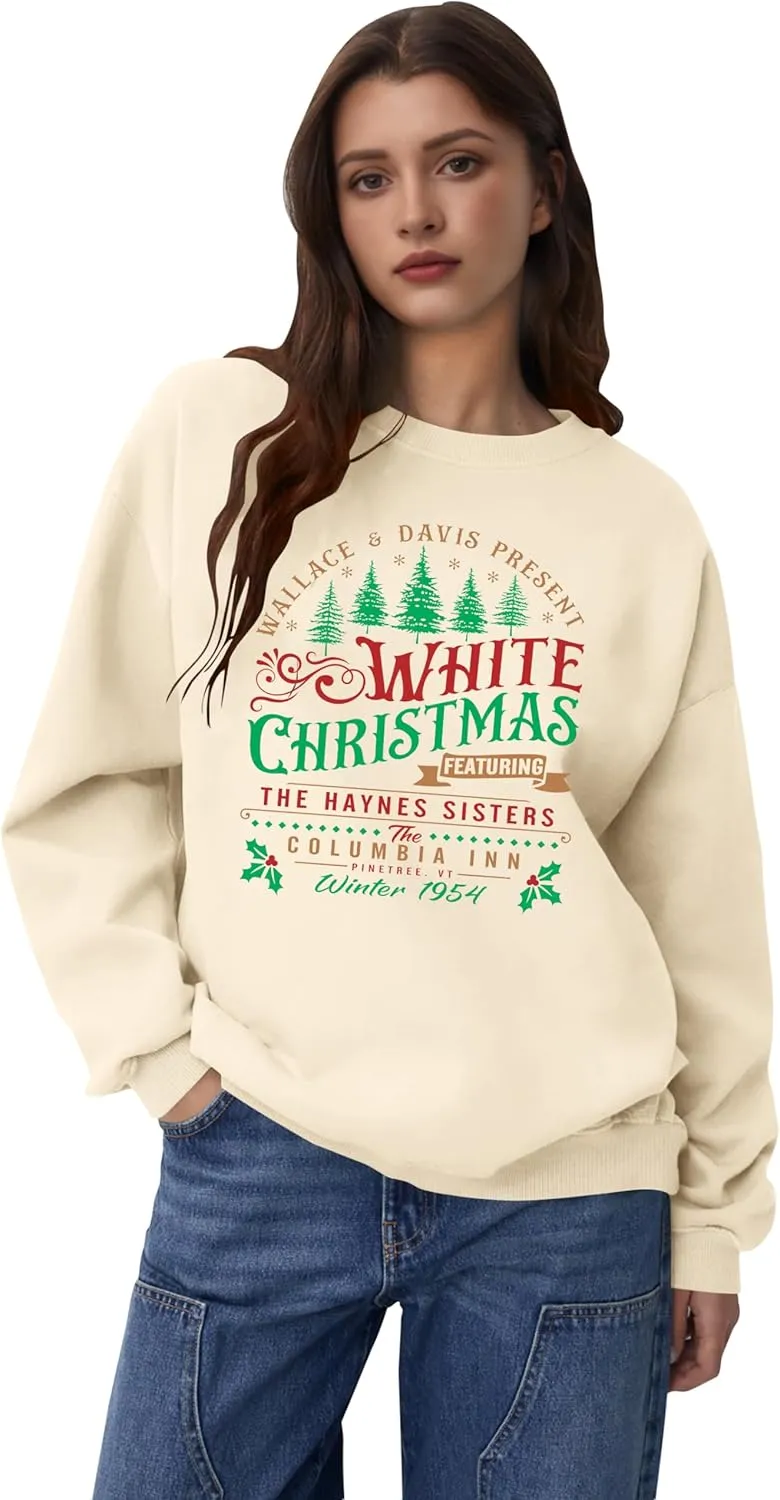 LAZYCHILD White Christmas Sweatshirt for Woman: Christmas Movie 1954 Shirts Xmas Tree Holiday Long Sleeves Pullover