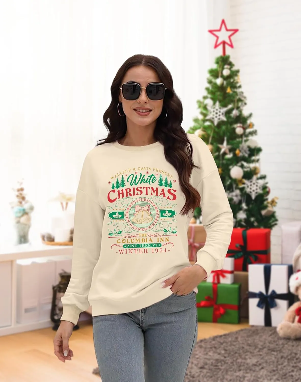 LAZYCHILD White Christmas Sweatshirt for Woman: Christmas Movie 1954 Shirts Xmas Tree Holiday Long Sleeves Pullover