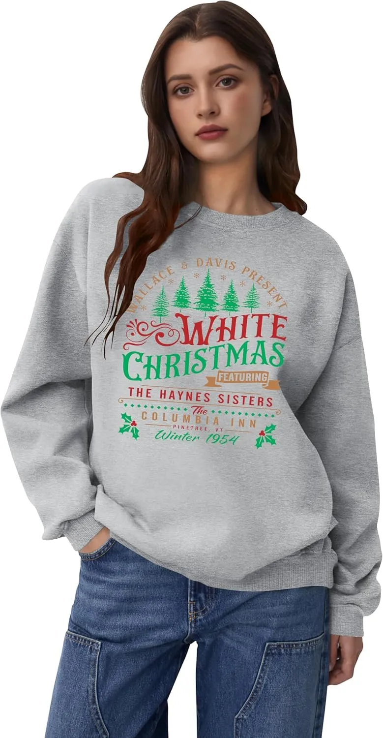 LAZYCHILD White Christmas Sweatshirt for Woman: Christmas Movie 1954 Shirts Xmas Tree Holiday Long Sleeves Pullover