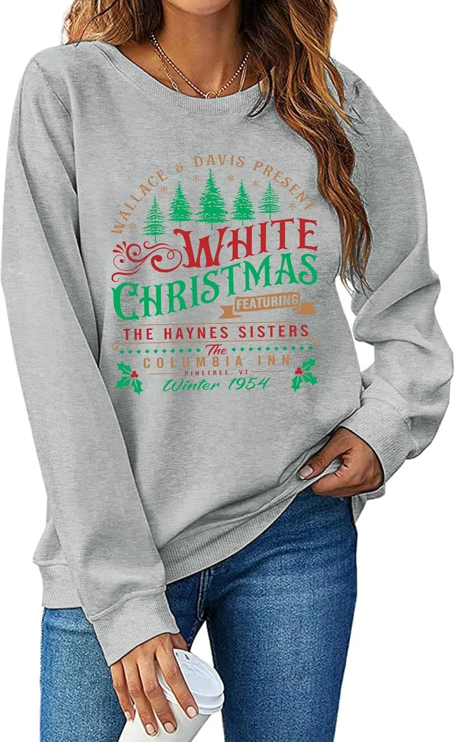 LAZYCHILD White Christmas Sweatshirt for Woman: Christmas Movie 1954 Shirts Xmas Tree Holiday Long Sleeves Pullover