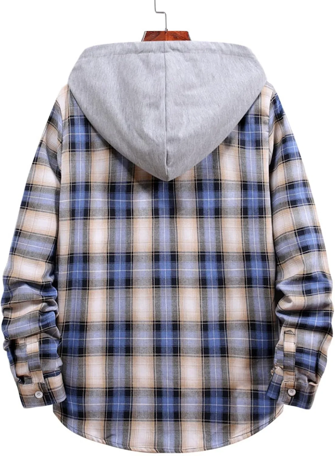 LCMTWX Men's Cotton Plaid Shirts Jacket Hooded Collar Long Sleeve Shirt Blouse Men Plus Size Big&Tall Mens Coat Long Sleeve