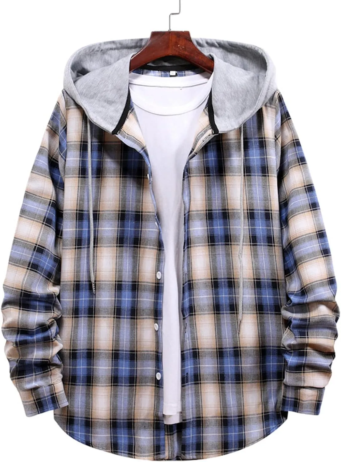 LCMTWX Men's Cotton Plaid Shirts Jacket Hooded Collar Long Sleeve Shirt Blouse Men Plus Size Big&Tall Mens Coat Long Sleeve