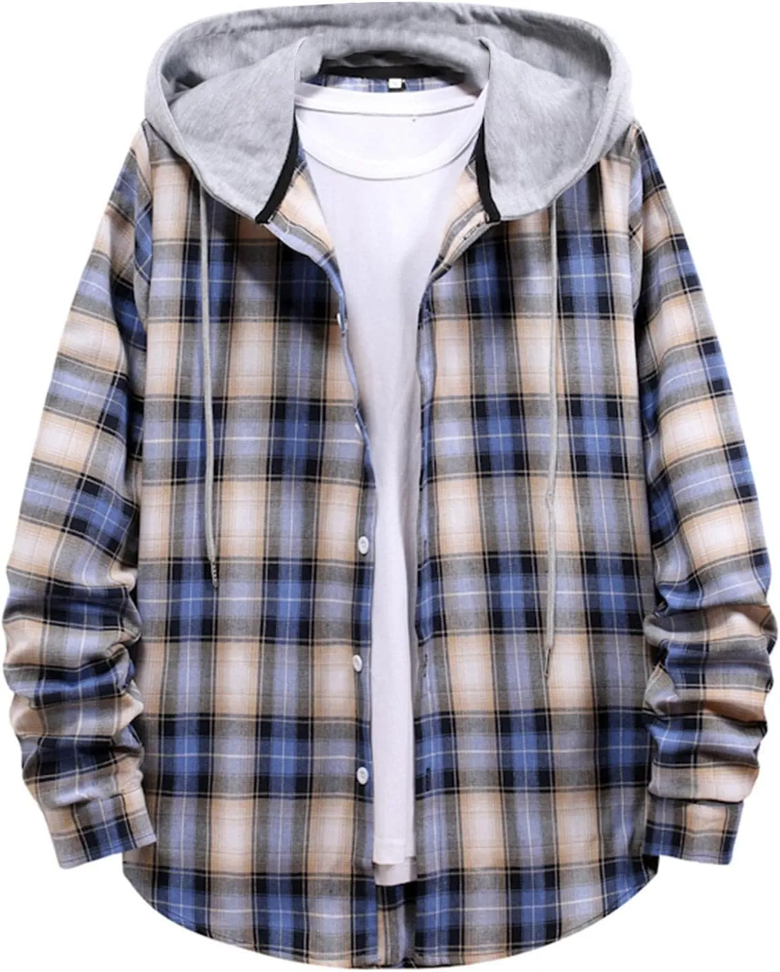 LCMTWX Men's Cotton Plaid Shirts Jacket Hooded Collar Long Sleeve Shirt Blouse Men Plus Size Big&Tall Mens Coat Long Sleeve