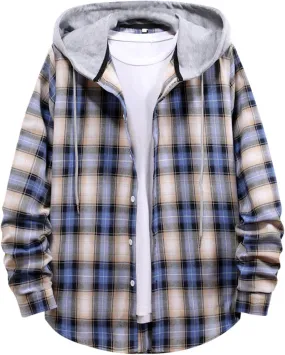 LCMTWX Men's Cotton Plaid Shirts Jacket Hooded Collar Long Sleeve Shirt Blouse Men Plus Size Big&Tall Mens Coat Long Sleeve