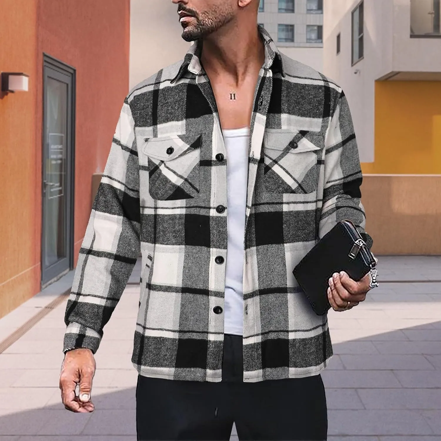 LCMTWX Men's Flannel Jackets Winter Retro Print Hooded Zipper Pocket Long Sleeve Shirt Patchwork Lightweight Shirt Heavy