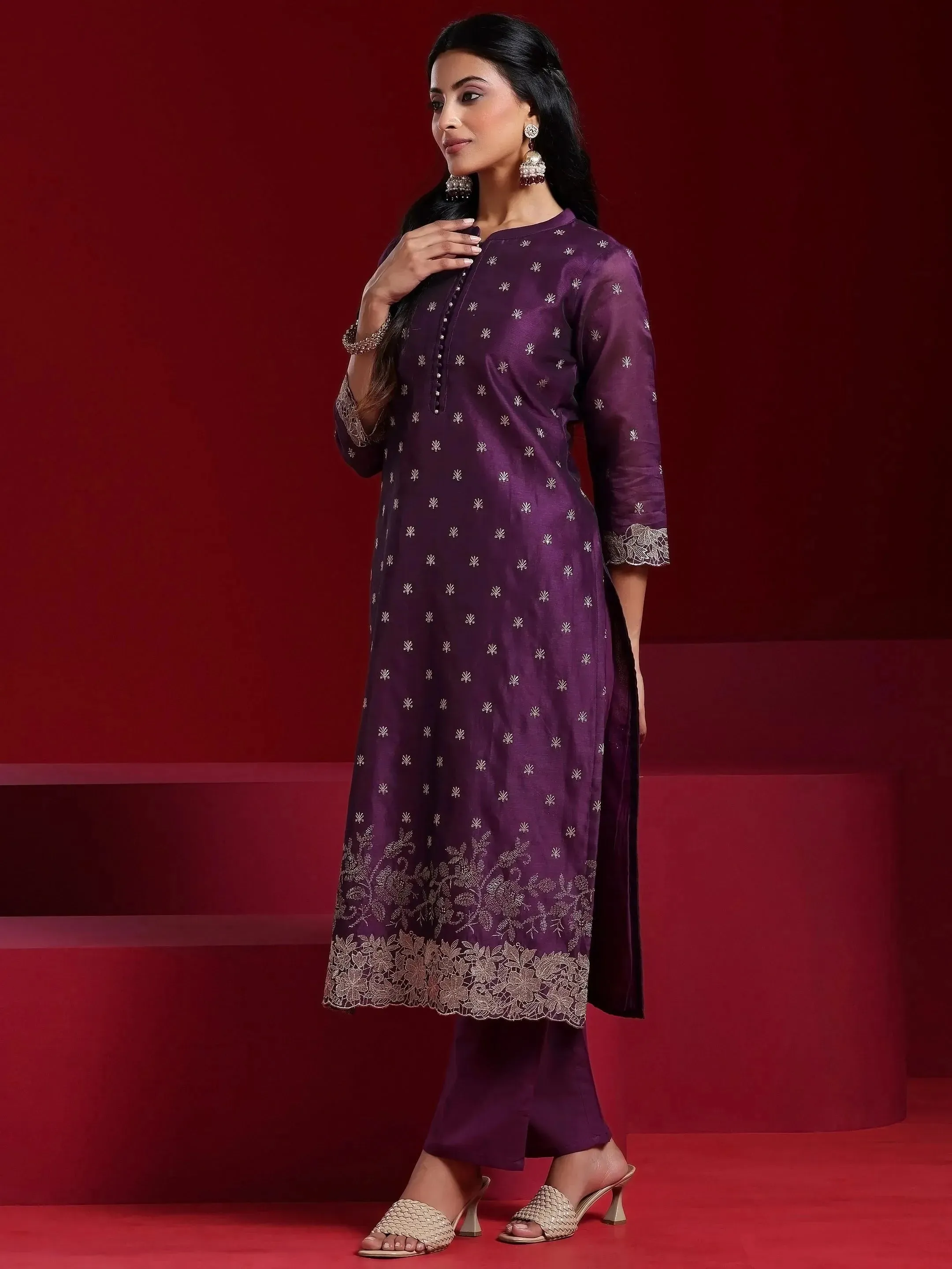 Libas Art Wine Embroidered Chanderi Silk Straight Suit With Dupatta