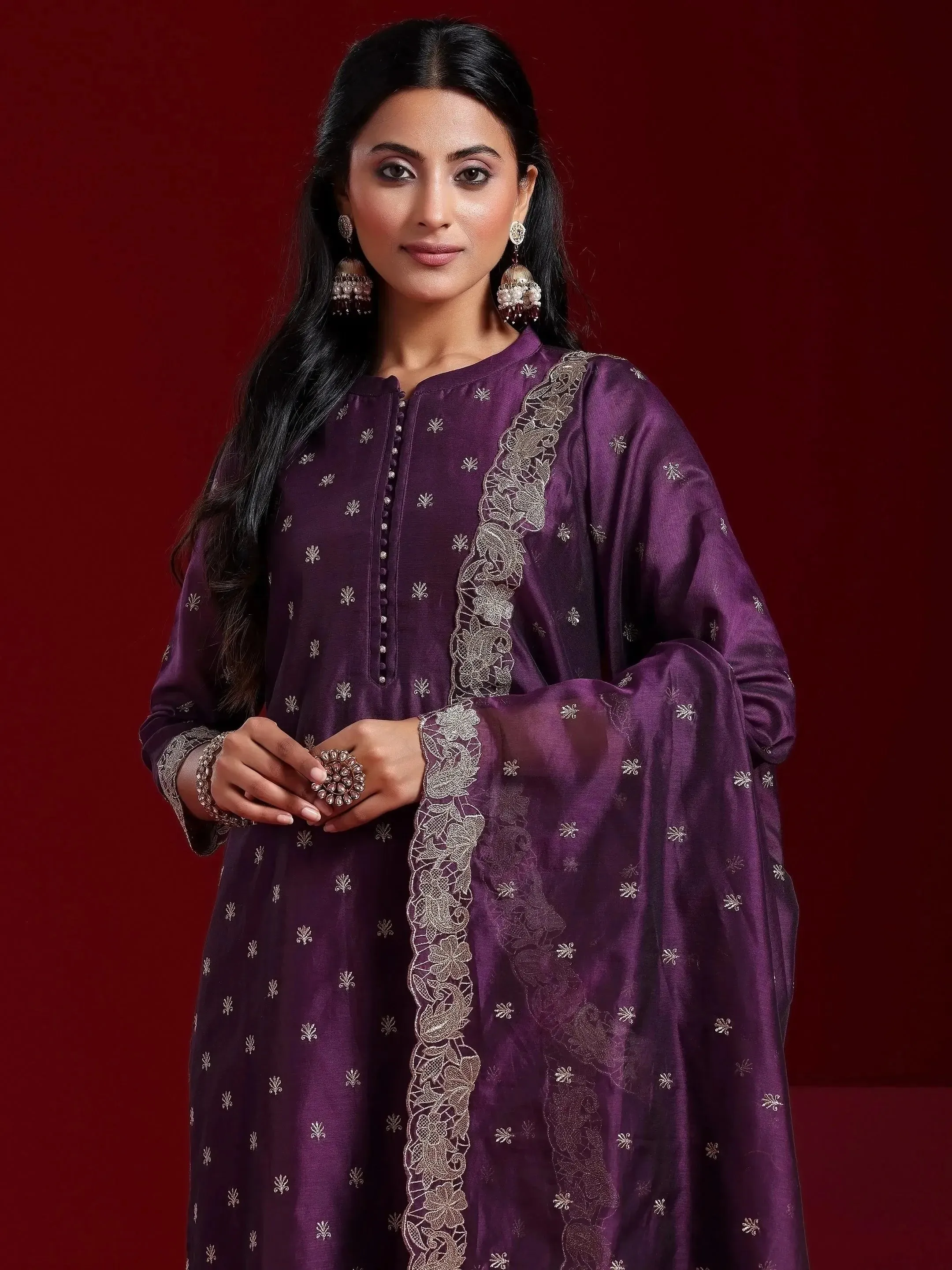 Libas Art Wine Embroidered Chanderi Silk Straight Suit With Dupatta