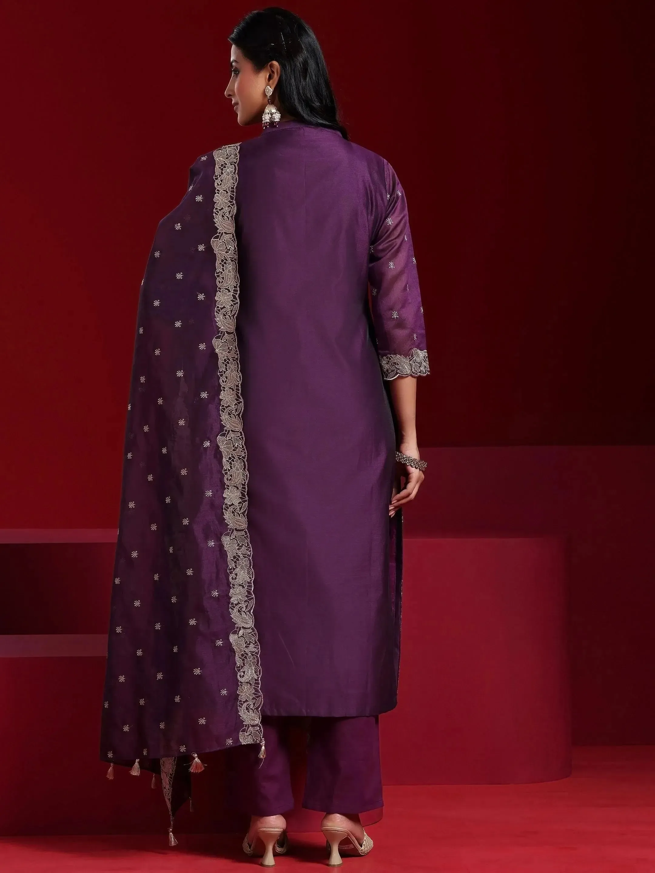 Libas Art Wine Embroidered Chanderi Silk Straight Suit With Dupatta