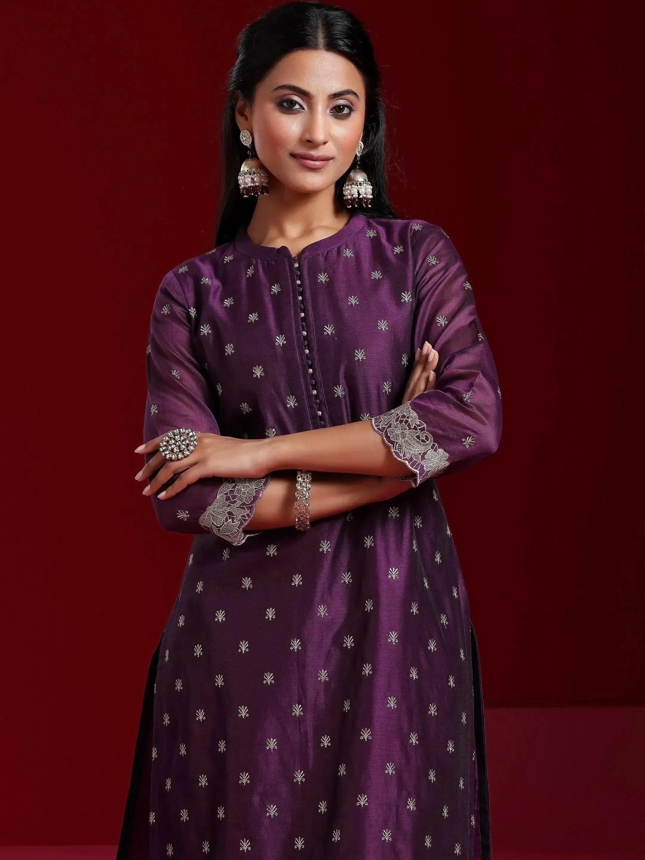 Libas Art Wine Embroidered Chanderi Silk Straight Suit With Dupatta