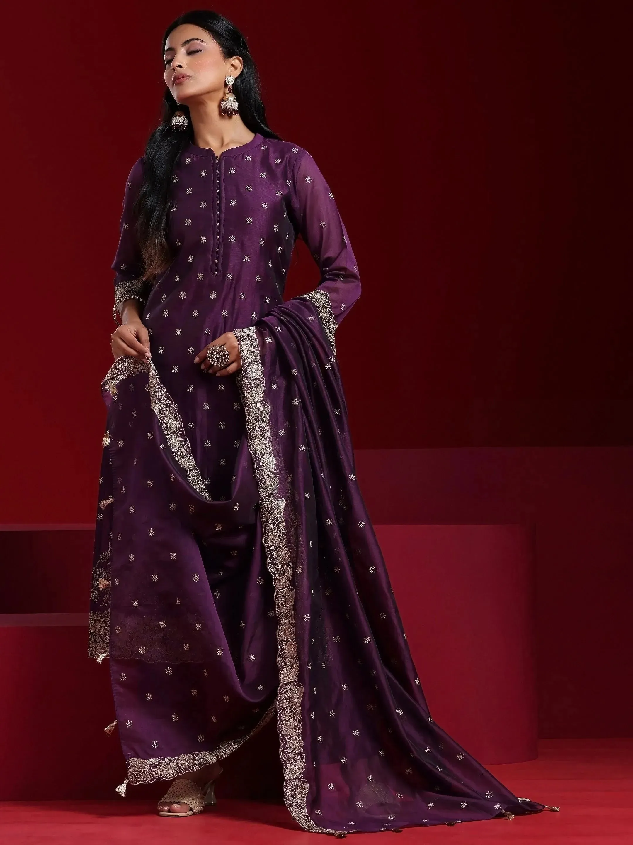 Libas Art Wine Embroidered Chanderi Silk Straight Suit With Dupatta