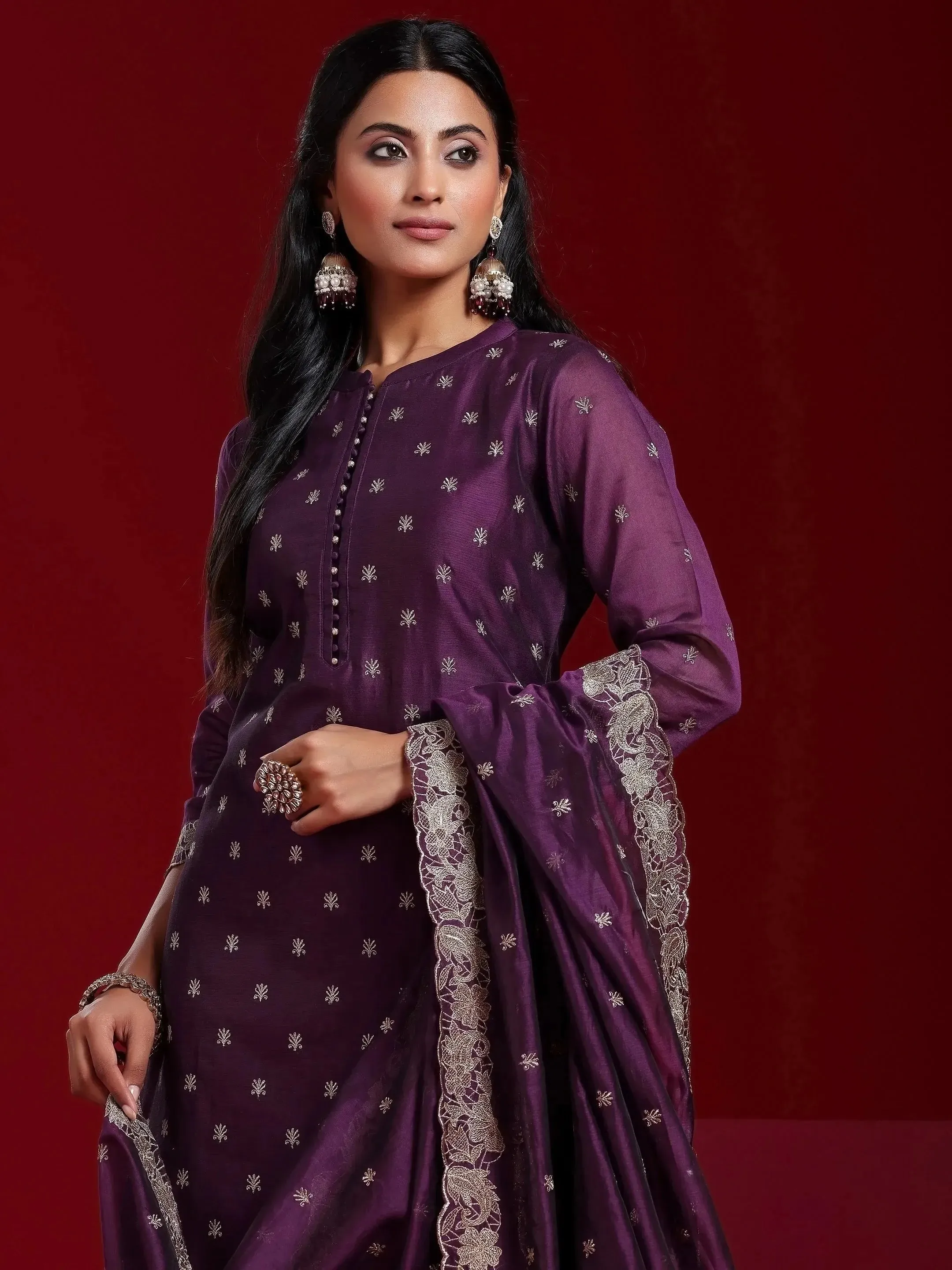 Libas Art Wine Embroidered Chanderi Silk Straight Suit With Dupatta