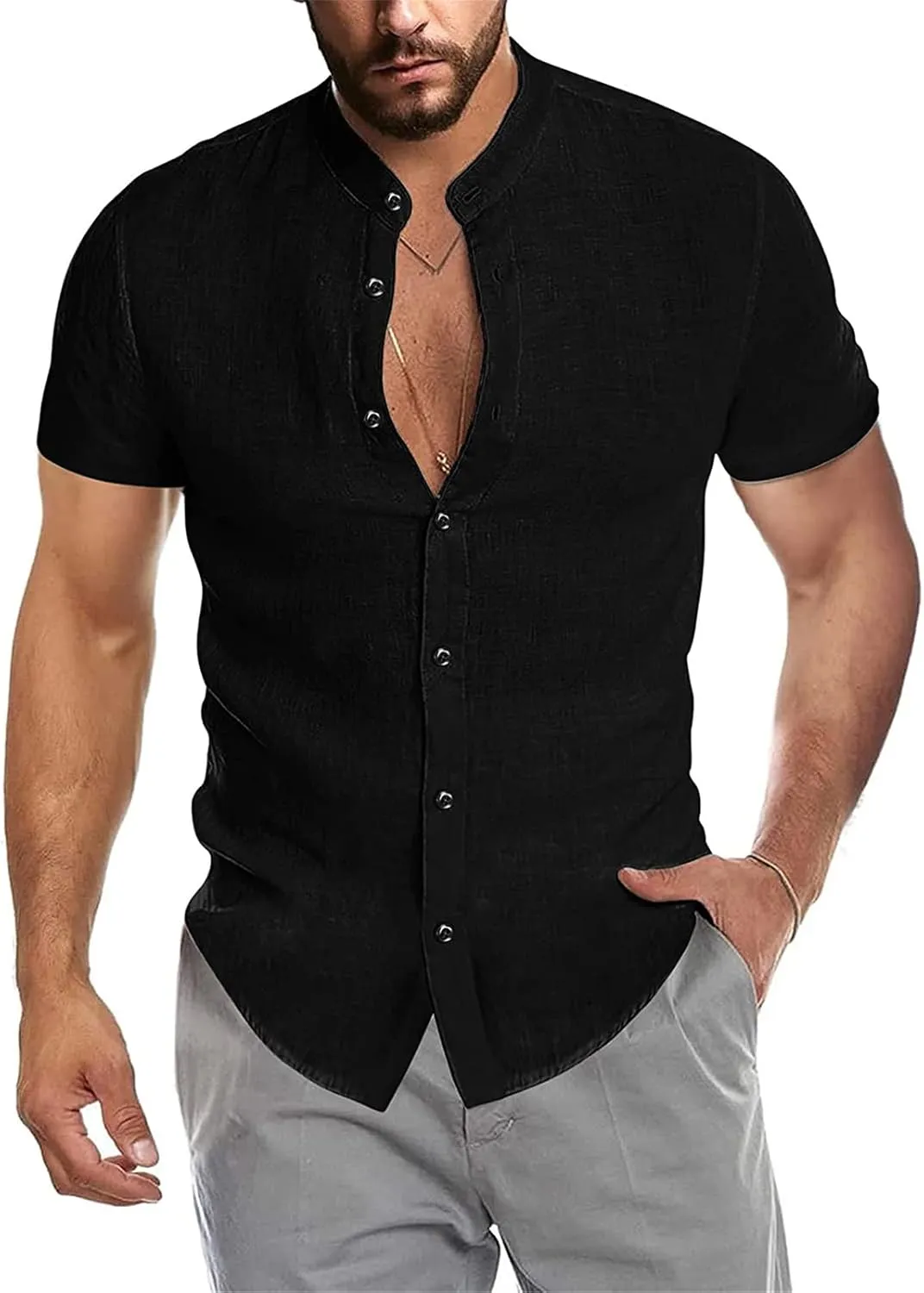 Maiyifu-GJ Men Linen Button Down Beach Shirt Short Sleeve Banded Collar Yoga Shirts Regular Fit Mandarin Collar Dress Shirt