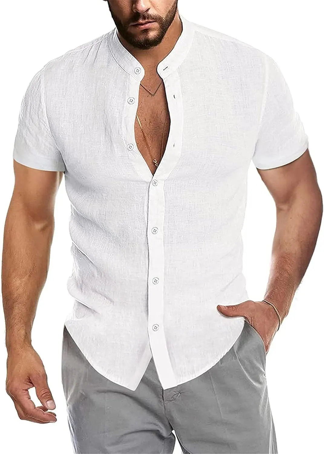 Maiyifu-GJ Men Linen Button Down Beach Shirt Short Sleeve Banded Collar Yoga Shirts Regular Fit Mandarin Collar Dress Shirt