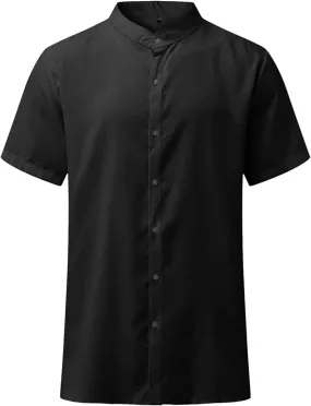 Maiyifu-GJ Men Linen Button Down Beach Shirt Short Sleeve Banded Collar Yoga Shirts Regular Fit Mandarin Collar Dress Shirt
