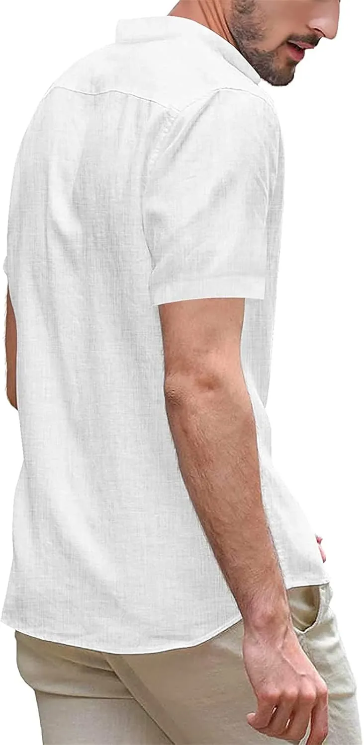 Maiyifu-GJ Men Linen Button Down Beach Shirt Short Sleeve Banded Collar Yoga Shirts Regular Fit Mandarin Collar Dress Shirt