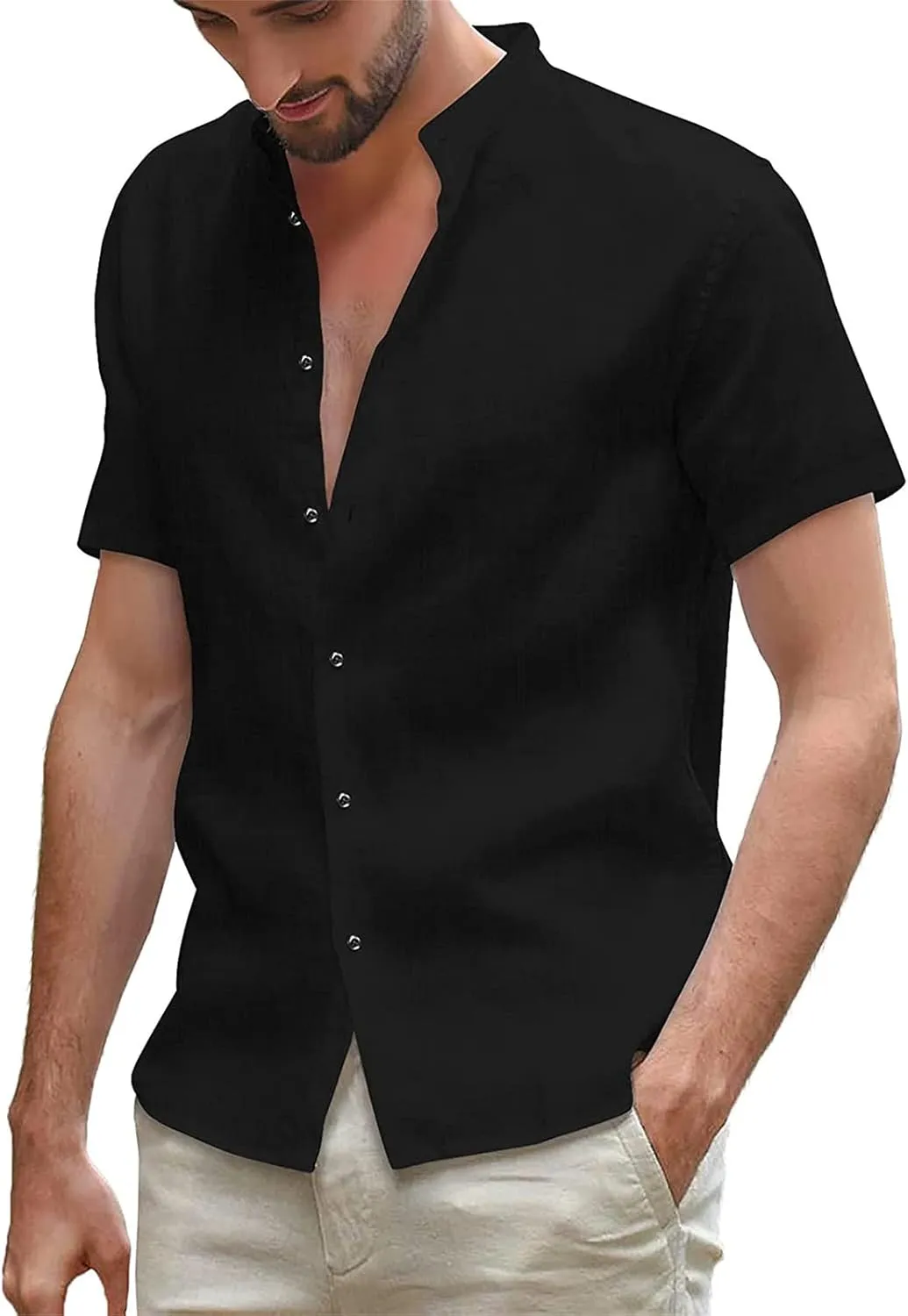 Maiyifu-GJ Men Linen Button Down Beach Shirt Short Sleeve Banded Collar Yoga Shirts Regular Fit Mandarin Collar Dress Shirt