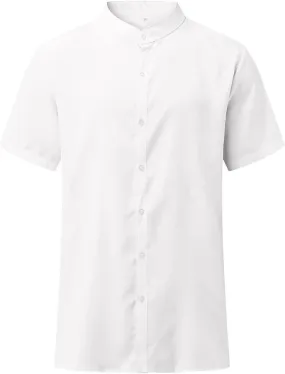Maiyifu-GJ Men Linen Button Down Beach Shirt Short Sleeve Banded Collar Yoga Shirts Regular Fit Mandarin Collar Dress Shirt