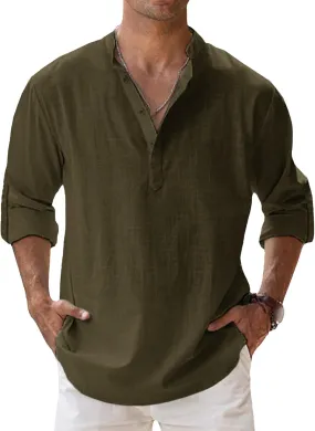 Maiyifu-GJ Men's Linen Stand Collar Long Sleeve Shirt Cotton Hippie Beach Breathable T Shirt Casual Lightweight Loose Shirt