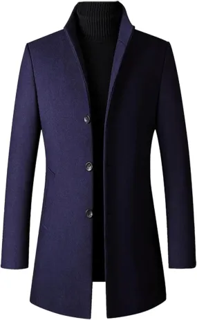Maiyifu-GJ Men's Mid-Length Trench Coat Notch Lapel 2 Buttons Business Overcoat Single Breasted Wool Blend Top Pea Coats