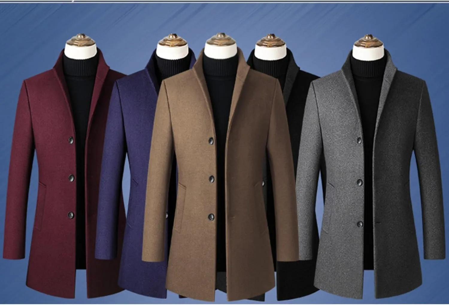 Maiyifu-GJ Men's Mid-Length Trench Coat Notch Lapel 2 Buttons Business Overcoat Single Breasted Wool Blend Top Pea Coats