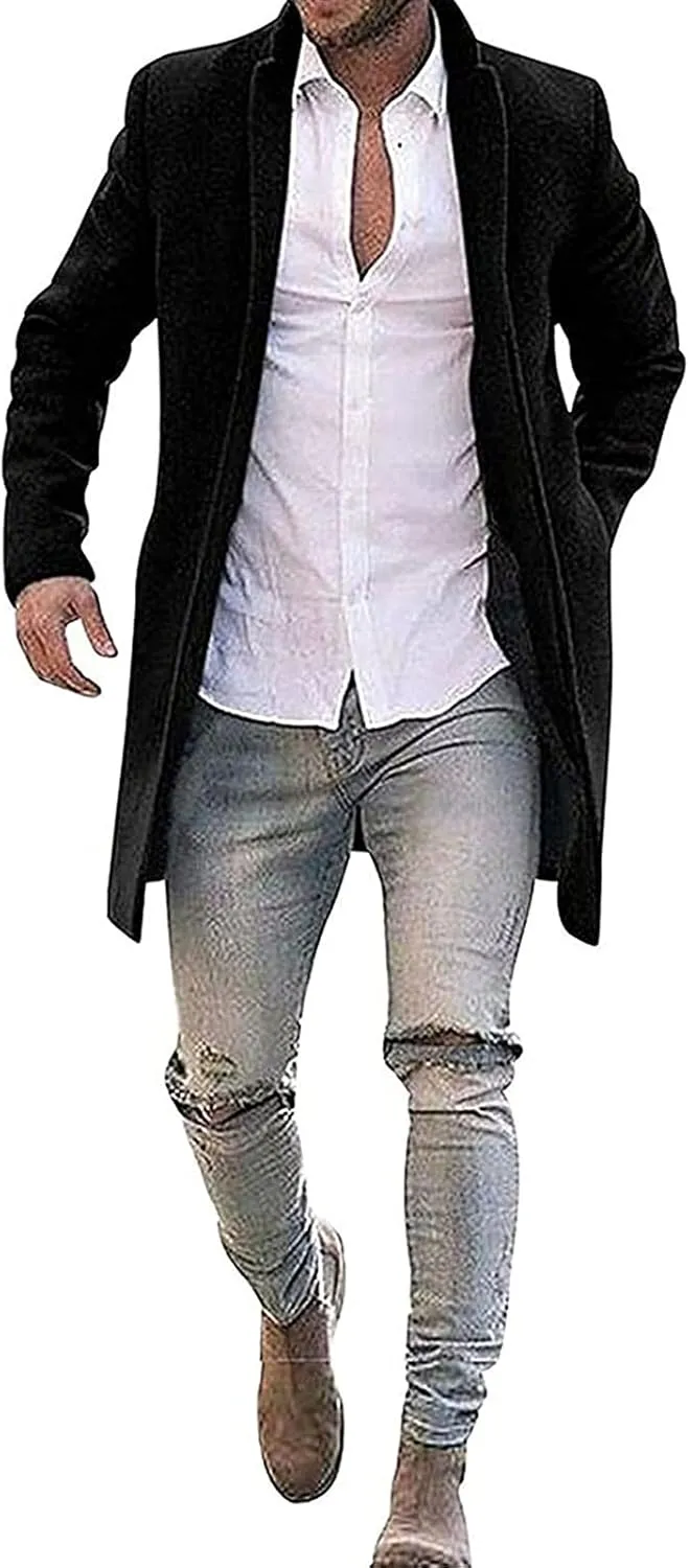 Maiyifu-GJ Men's Winter Slim Fit Trench Coat Casual Lightweight Business Overcoat Notch Lapel Single Breasted Long Jacket