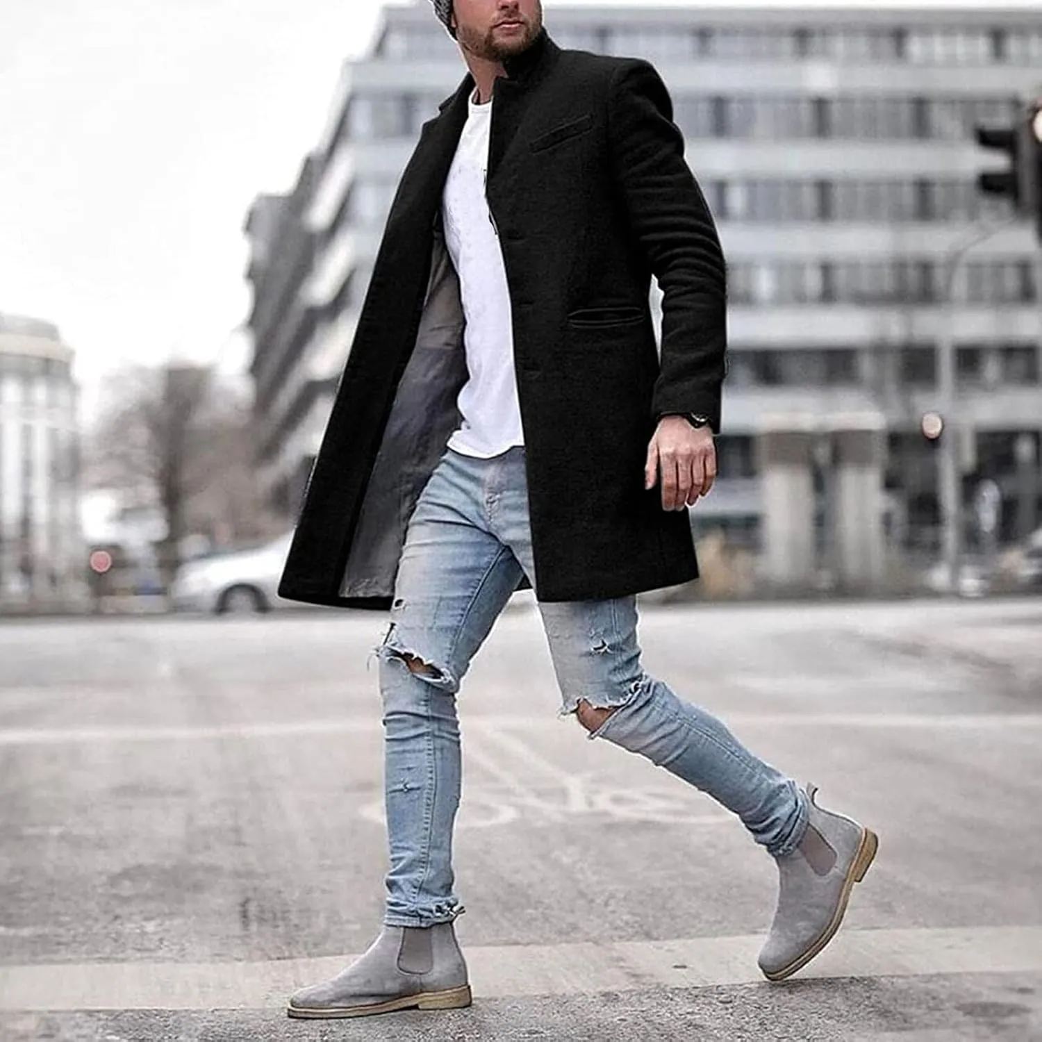 Maiyifu-GJ Men's Winter Slim Fit Trench Coat Casual Lightweight Business Overcoat Notch Lapel Single Breasted Long Jacket