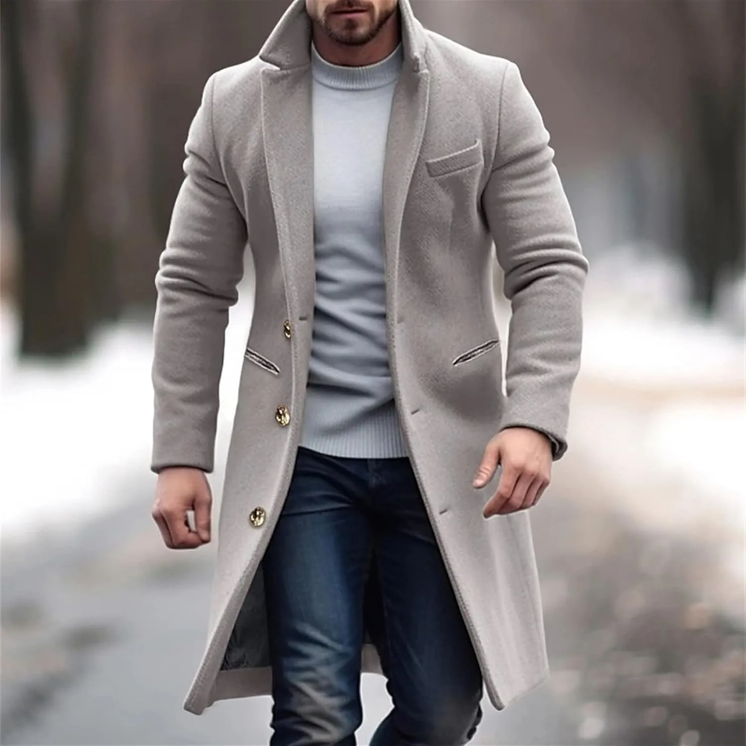 Maiyifu-GJ Mens Wool Blend Double Breasted Overcoat Winter Slim Fit Long Trench Coat Classic Lightweight Business Pea Jacket