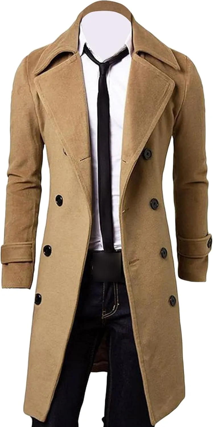 Maiyifu-GJ Mens Wool Blend Double Breasted Overcoat Winter Slim Fit Long Trench Coat Classic Lightweight Business Pea Jacket