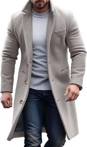 Maiyifu-GJ Mens Wool Blend Double Breasted Overcoat Winter Slim Fit Long Trench Coat Classic Lightweight Business Pea Jacket