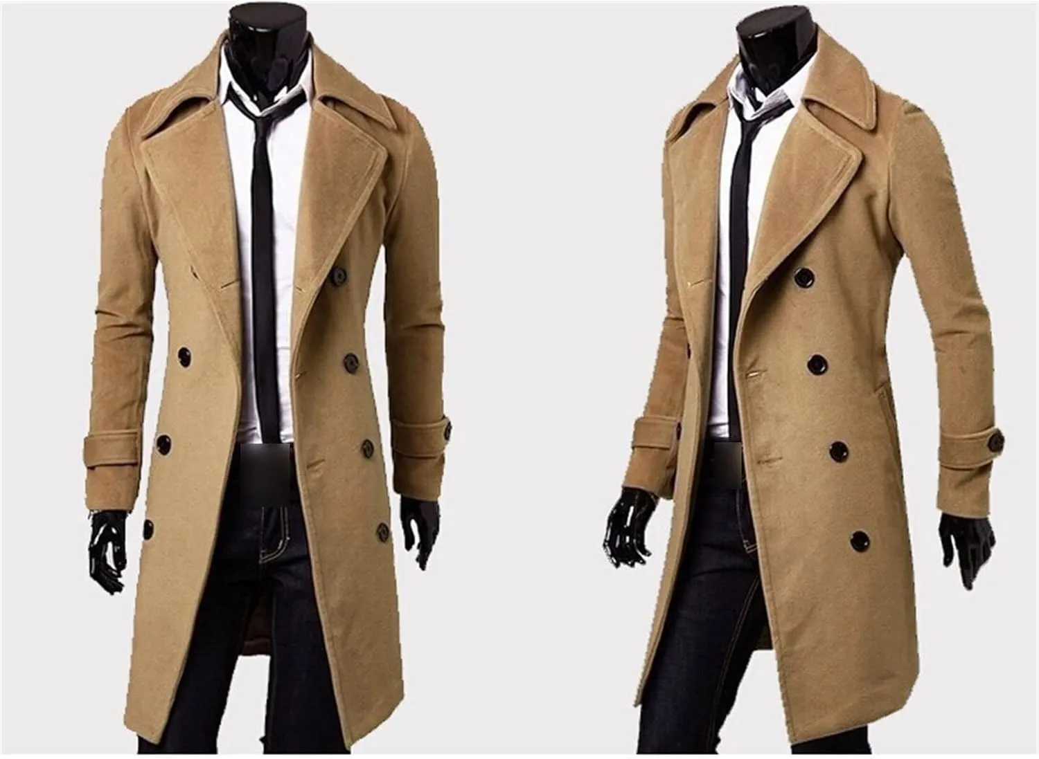 Maiyifu-GJ Mens Wool Blend Double Breasted Overcoat Winter Slim Fit Long Trench Coat Classic Lightweight Business Pea Jacket