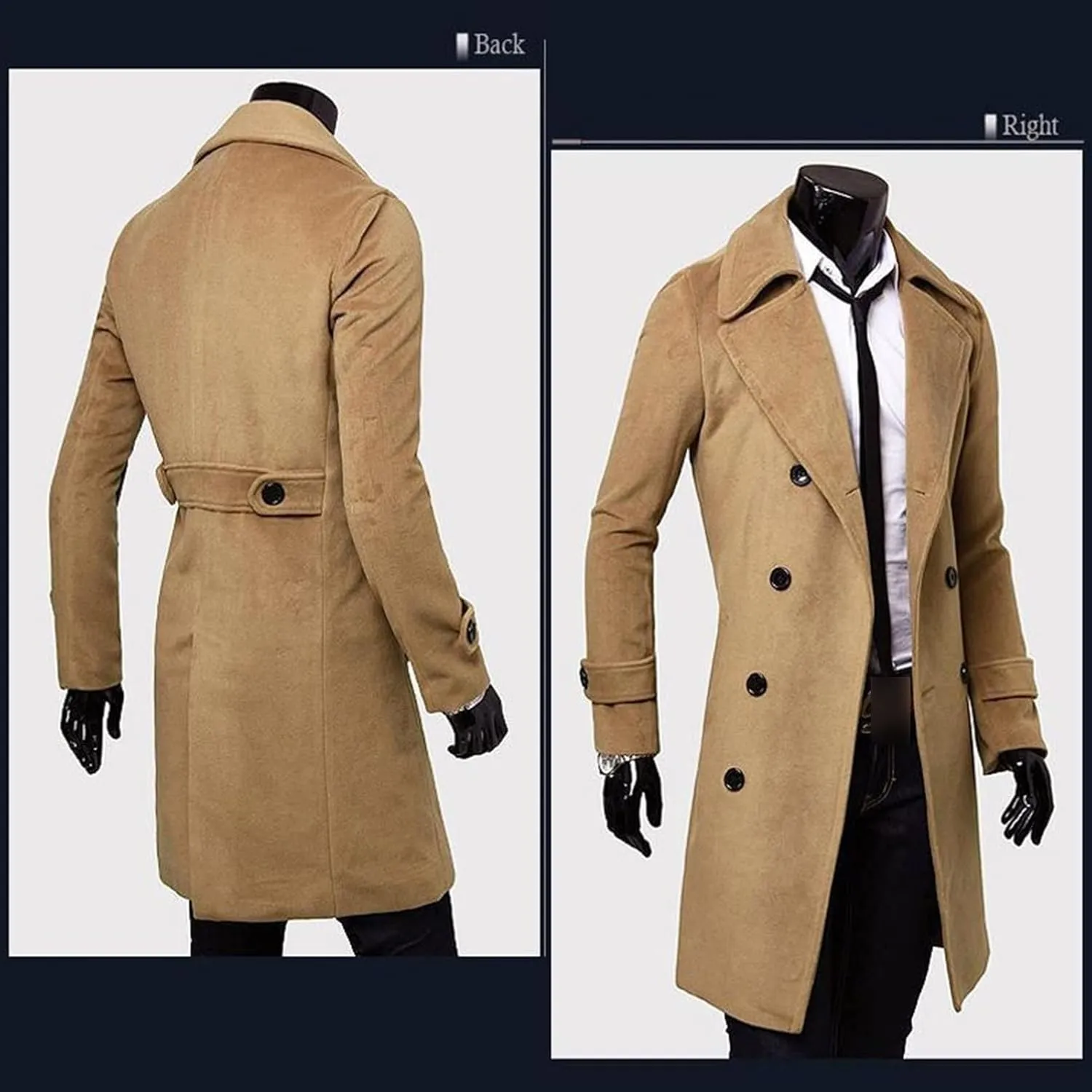 Maiyifu-GJ Mens Wool Blend Double Breasted Overcoat Winter Slim Fit Long Trench Coat Classic Lightweight Business Pea Jacket