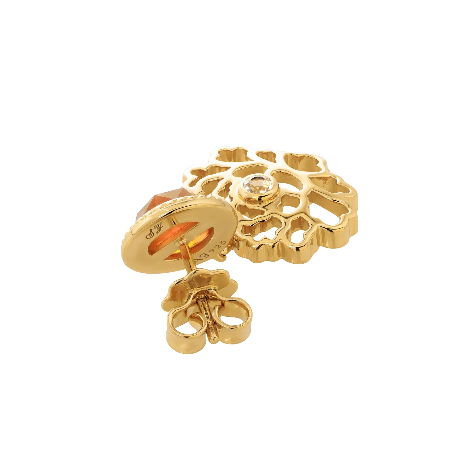 Majestic Tang Peony Earrings Gold Vermeil with Orange Carnelian