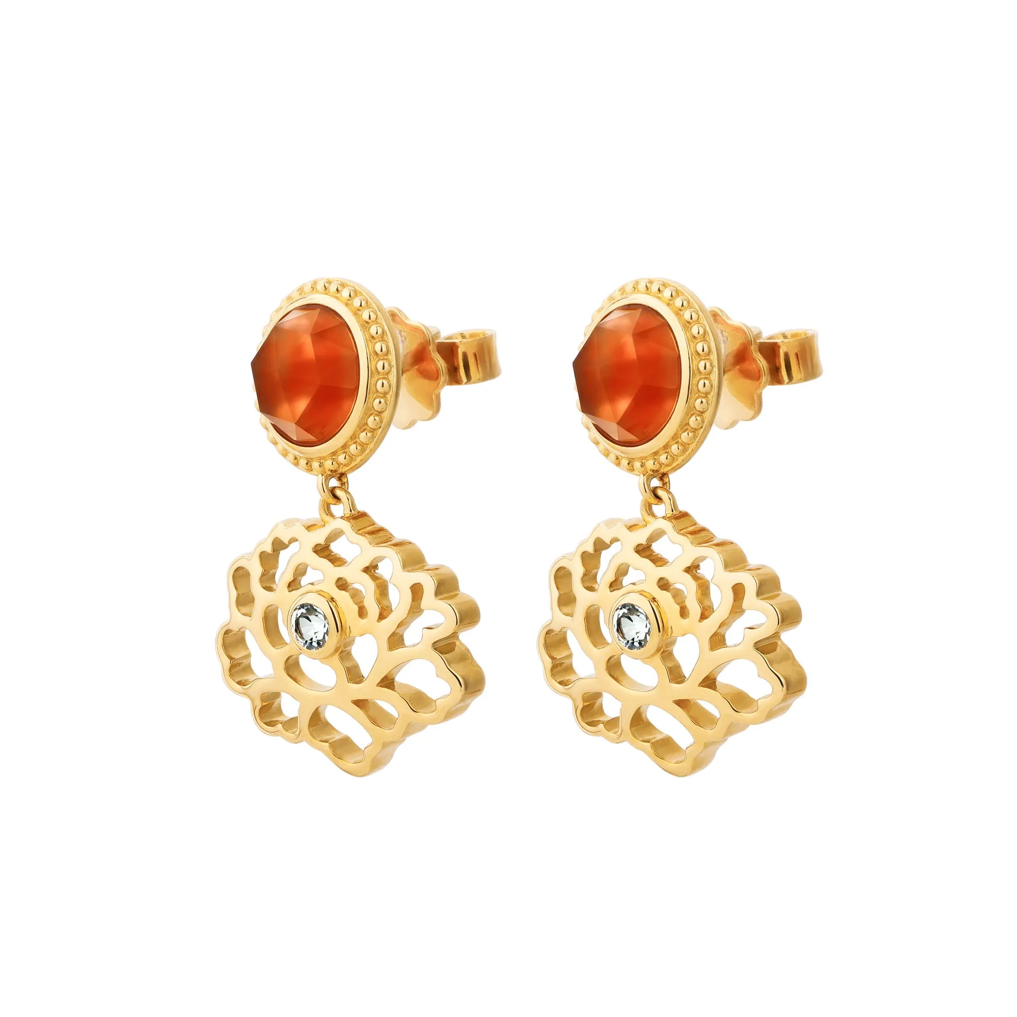 Majestic Tang Peony Earrings Gold Vermeil with Orange Carnelian