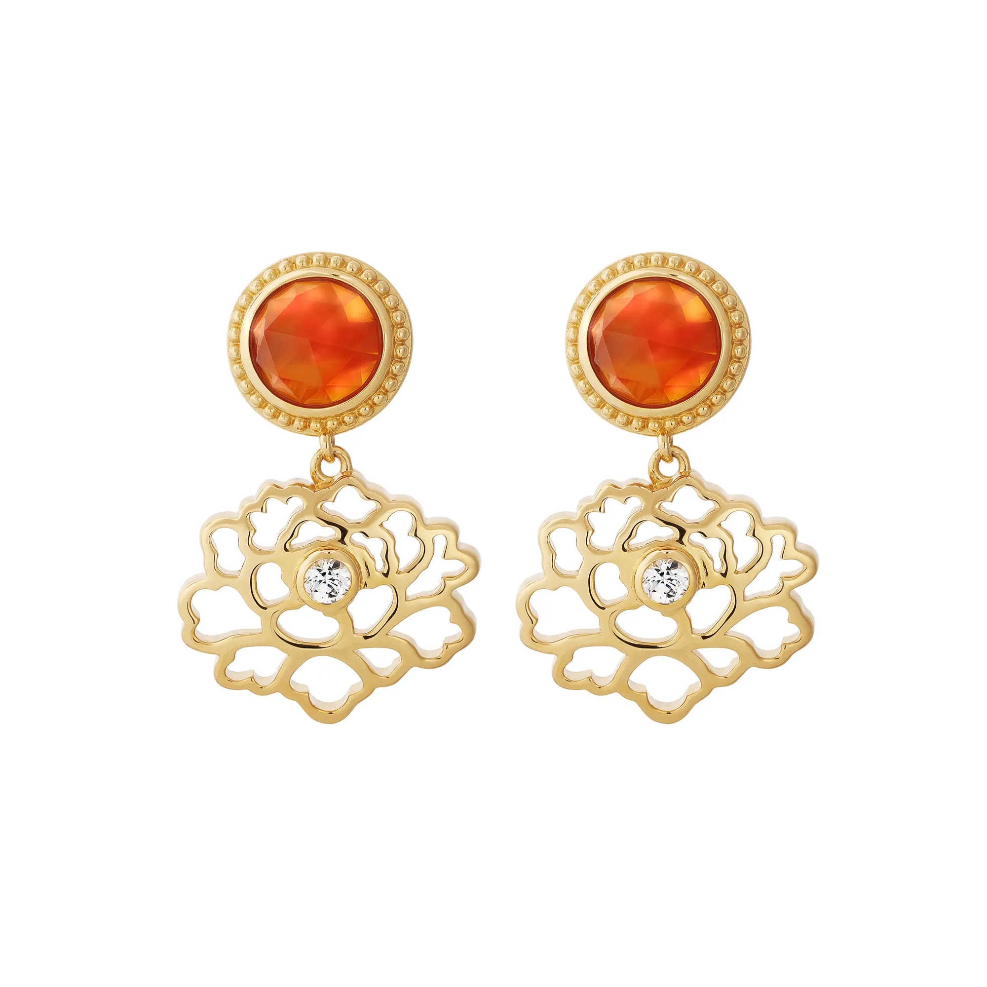 Majestic Tang Peony Earrings Gold Vermeil with Orange Carnelian
