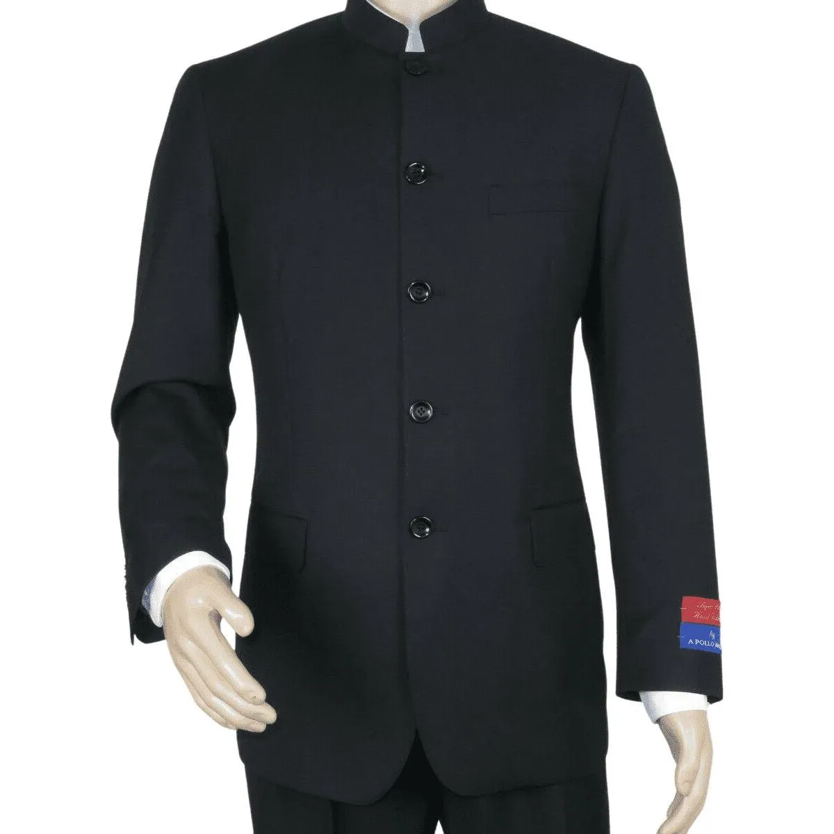 Men Apollo King Banded Collarless suit Mandarin 5 Button Wide leg M5-1 Black