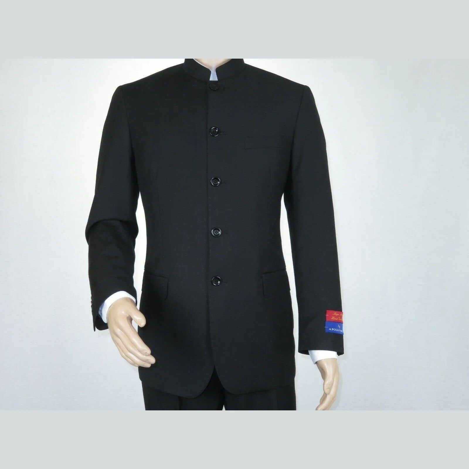 Men Apollo King Banded Collarless suit Mandarin 5 Button Wide leg M5-1 Black