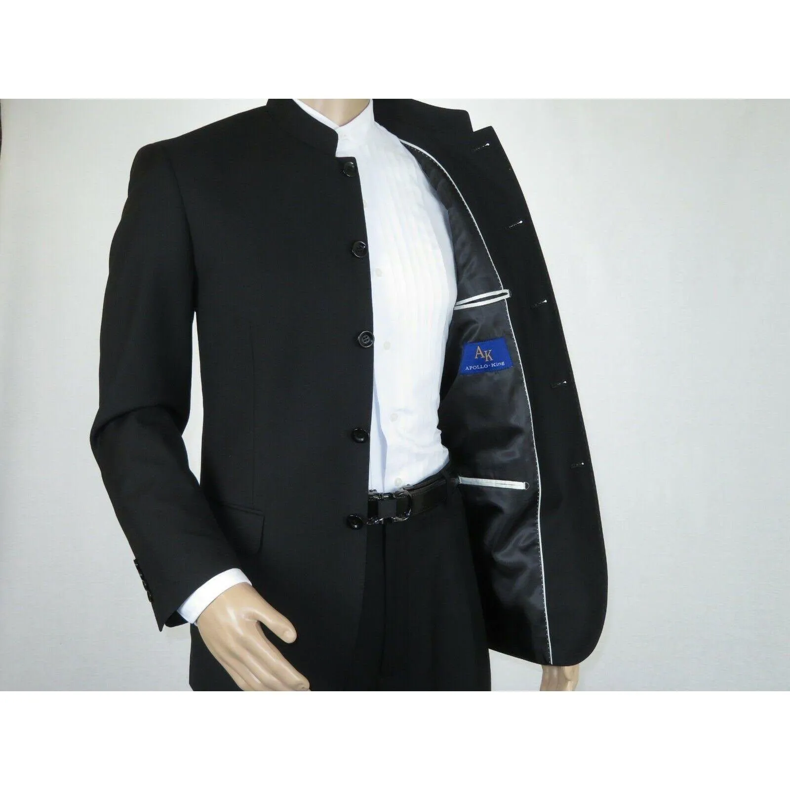 Men Apollo King Banded Collarless suit Mandarin 5 Button Wide leg M5-1 Black