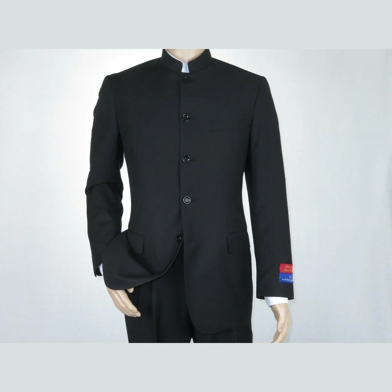 Men Apollo King Banded Collarless suit Mandarin 5 Button Wide leg M5-1 Black