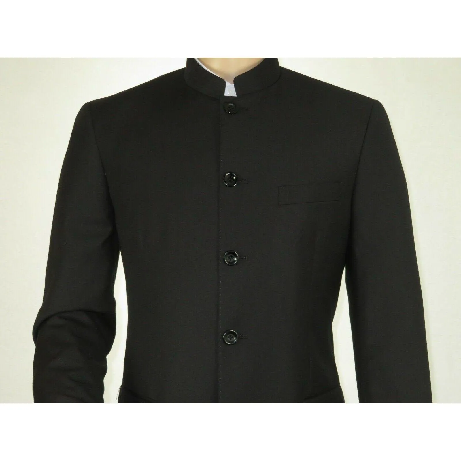 Men Apollo King Banded Collarless suit Mandarin 5 Button Wide leg M5-1 Black
