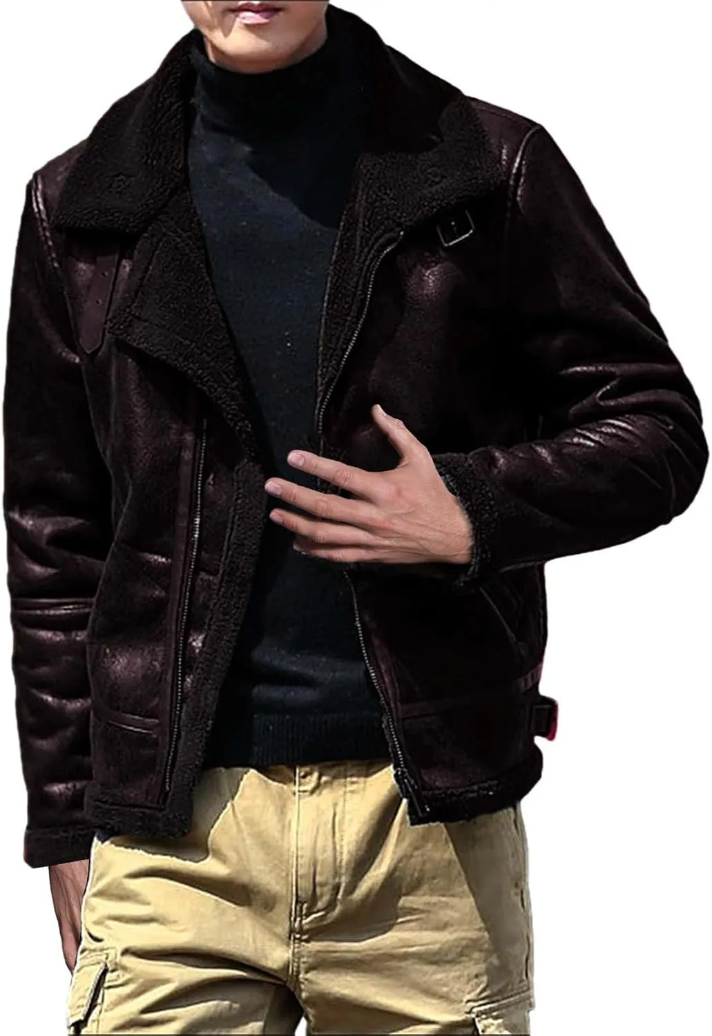 Mens 2023 Fleece Lined Faux Leather Suede Jackets Winter Sherpa Lined Trucker Jacket Warm Fleece Zip Up Work Coat