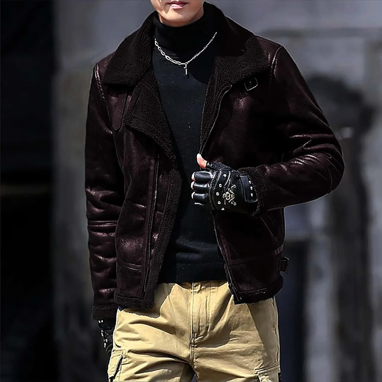 Mens 2023 Fleece Lined Faux Leather Suede Jackets Winter Sherpa Lined Trucker Jacket Warm Fleece Zip Up Work Coat