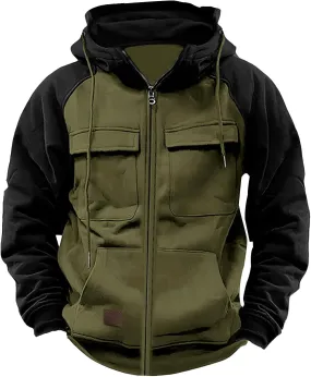 Mens Casual Hooded Sweatshirt Jacket Multi-Pocket Vintage Workwear Jacket Solid Color Long Sleeve Zipper Jacket