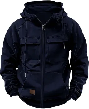 Mens Casual Hooded Sweatshirt Jacket Multi-Pocket Vintage Workwear Jacket Solid Color Long Sleeve Zipper Jacket