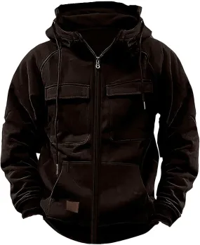 Mens Casual Hooded Sweatshirt Jacket Multi-Pocket Vintage Workwear Jacket Solid Color Long Sleeve Zipper Jacket