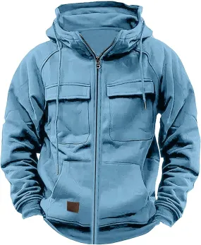 Mens Casual Hooded Sweatshirt Jacket Multi-Pocket Vintage Workwear Jacket Solid Color Long Sleeve Zipper Jacket