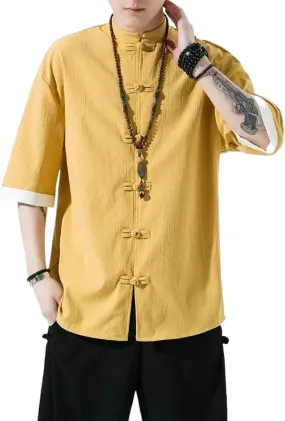 Men's Cotton Linen Short Sleeves Shirt Male Chinese Style Mandarin Collar Slim T Shirt Summer Tops Mens Shirts