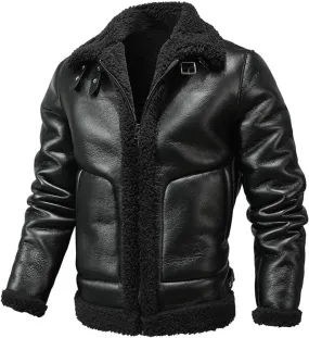 Mens Faux Leather Jacket Winter Vintage Motorcycle Biker Jackets Sherpa Lined Heavyweight Shearing Coat Bomber Jackets